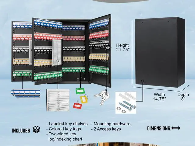 Alt view image 2 of 7 - 300 Position Key Lock Box Wall Mount Key Cabinet with Numbered Hooks, Key Log Sheet, Colored Key Tags, Labeled Shelves, Solid Steel Construction Secure Key Organizer Cabinet Key Box
