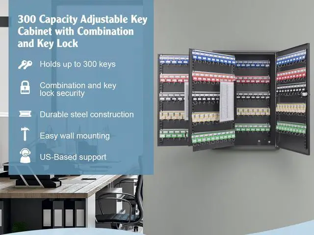 Alt view image 3 of 7 - 300 Position Key Lock Box Wall Mount Key Cabinet with Numbered Hooks, Key Log Sheet, Colored Key Tags, Labeled Shelves, Solid Steel Construction Secure Key Organizer Cabinet Key Box