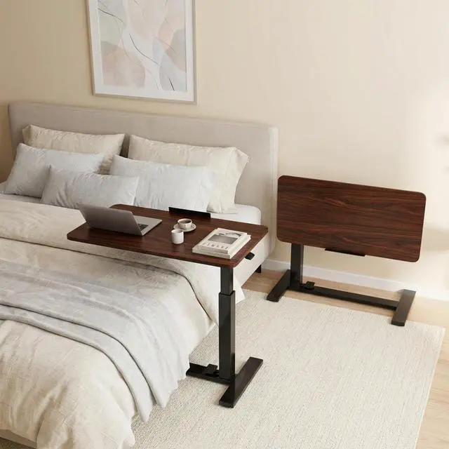 Alt view image 2 of 7 - Rolling Desk, Laptop Desk, Overbed Table with Wheels | Mobile Overbed Bedside, Portable Computer Workstation, Bed Sofa Couch, Adjustable Height, Chocolate