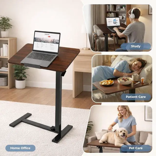 Alt view image 4 of 7 - Rolling Desk, Laptop Desk, Overbed Table with Wheels | Mobile Overbed Bedside, Portable Computer Workstation, Bed Sofa Couch, Adjustable Height, Chocolate