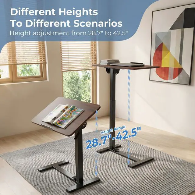 Alt view image 6 of 7 - Rolling Desk, Laptop Desk, Overbed Table with Wheels | Mobile Overbed Bedside, Portable Computer Workstation, Bed Sofa Couch, Adjustable Height, Chocolate