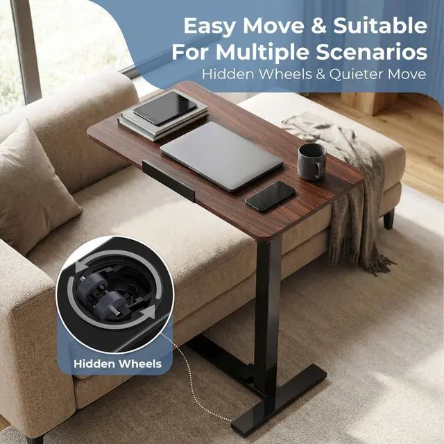Alt view image 5 of 7 - Rolling Desk, Laptop Desk, Overbed Table with Wheels | Mobile Overbed Bedside, Portable Computer Workstation, Bed Sofa Couch, Adjustable Height, Chocolate