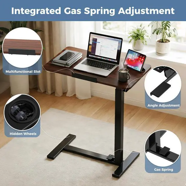 Alt view image 7 of 7 - Rolling Desk, Laptop Desk, Overbed Table with Wheels | Mobile Overbed Bedside, Portable Computer Workstation, Bed Sofa Couch, Adjustable Height, Chocolate