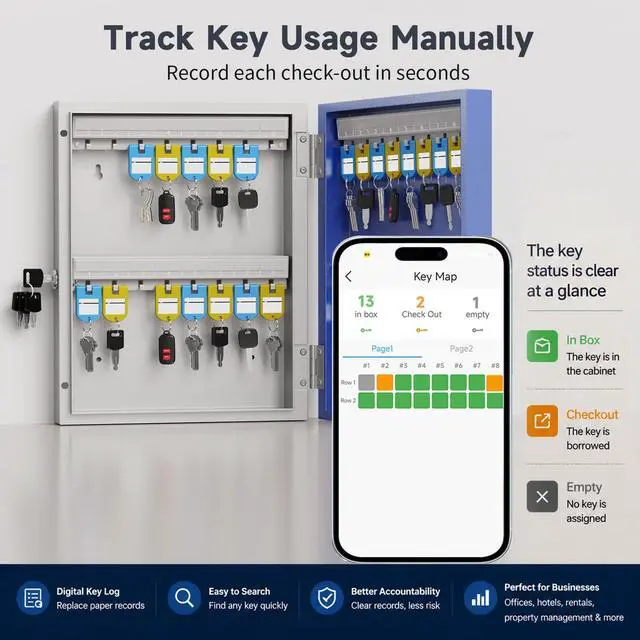 Alt view image 5 of 7 - 32 Key Lock Box Smart Key Organier Cabinet with Keypad & App for Office | Wall Mounted Lockbox use App, Custom & One Time Password, WiFi (Need W100 Bridge) Unlock for School, Office, Fleet, Hotel