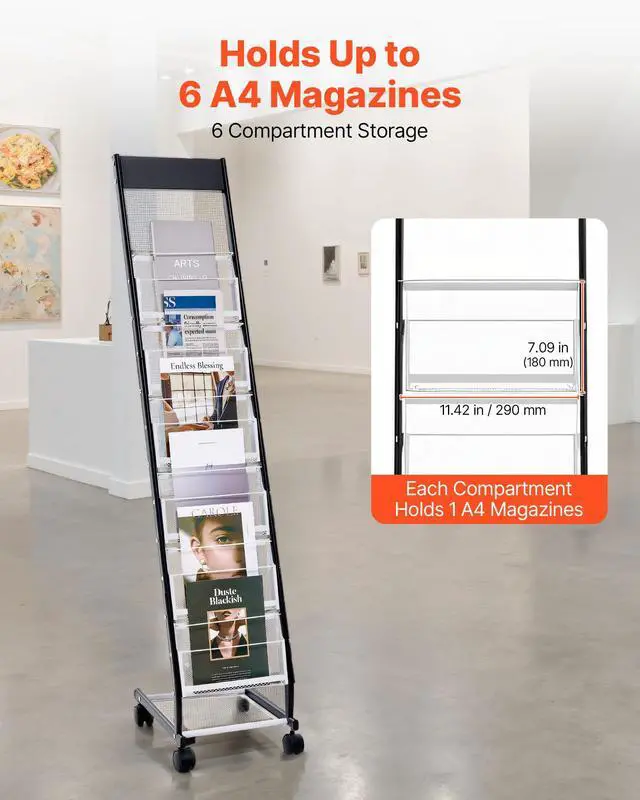 Alt view image 2 of 7 - Brochure Display Rack, Narrow 6-Tier Magazine Literature Display Stand with Wheels, Metal Floor Standing Magazine Rack, Movable Newspaper Catalog Holders for Shop Exhibitions Office (6 Pockets)