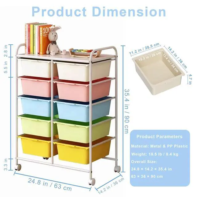 Alt view image 3 of 7 - 10 Drawers Rolling Storage Cart, Plastic Drawer Cart with Metal Frame, Multipurpose Art Craft Cart Organizer with Wheels, Utility Cart with Drawers for Home, Office, School, Multicolor