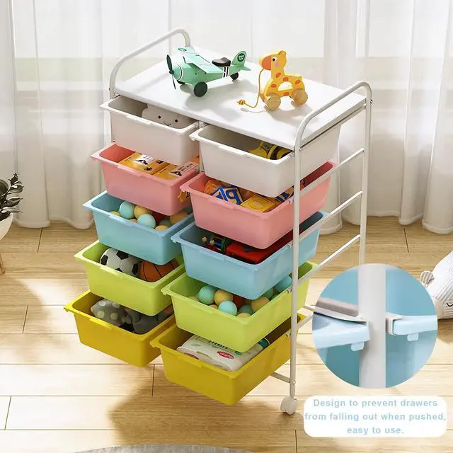 Alt view image 4 of 7 - 10 Drawers Rolling Storage Cart, Plastic Drawer Cart with Metal Frame, Multipurpose Art Craft Cart Organizer with Wheels, Utility Cart with Drawers for Home, Office, School, Multicolor