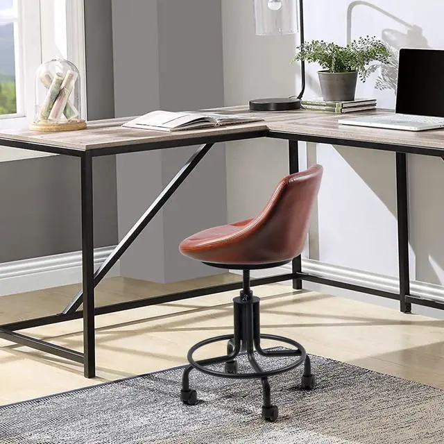 Alt view image 7 of 7 - Industrial Office Chair with Backrest on Wheels Vintage Rolling Shop Stools with Wheels for Garage Swivel PU Seat Drafting Stool for Workbench 19.7-23.6inch Height Adjustable Bar Stool