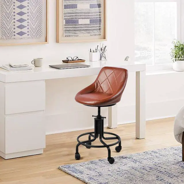 Alt view image 2 of 7 - Industrial Office Chair with Backrest on Wheels Vintage Rolling Shop Stools with Wheels for Garage Swivel PU Seat Drafting Stool for Workbench 19.7-23.6inch Height Adjustable Bar Stool