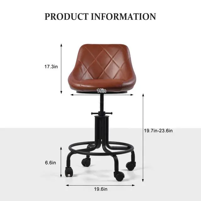Alt view image 3 of 7 - Industrial Office Chair with Backrest on Wheels Vintage Rolling Shop Stools with Wheels for Garage Swivel PU Seat Drafting Stool for Workbench 19.7-23.6inch Height Adjustable Bar Stool