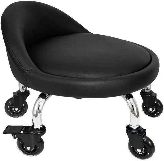 Main image of Rolling Stool with Backrest 450 Lbs High Weight Capacity PU Leather Roller Seat and Heavy-Duty Crystal Universal Wheels for Men Women Boy Girl Furniture Gift, Home Office Black