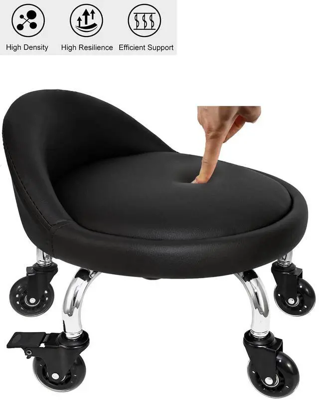 Alt view image 4 of 7 - Rolling Stool with Backrest 450 Lbs High Weight Capacity PU Leather Roller Seat and Heavy-Duty Crystal Universal Wheels for Men Women Boy Girl Furniture Gift, Home Office Black