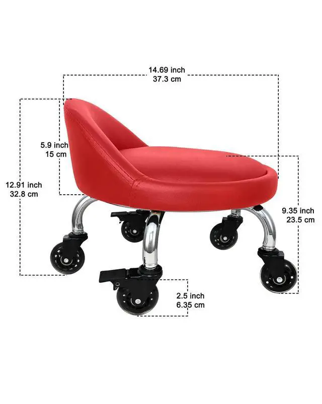Alt view image 3 of 7 - Rolling Stool with Backrest 450 Lbs High Weight Capacity PU Leather Roller Seat and Heavy-Duty Crystal Universal Wheels for Men Women Furniture Gift, Home Office Red