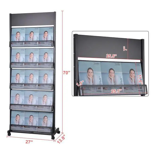 Alt view image 2 of 7 - floor magazine rack brochure display stand for offices and public reception arealiterature rack with 4 Universal wheels (70"×27×13.8")