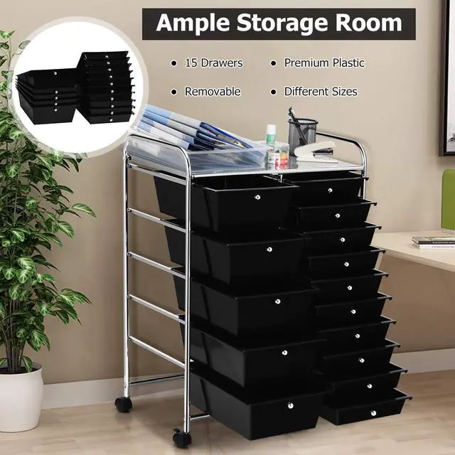 Alt view image 4 of 7 - Byroce 15-Drawer Storage Rolling Cart, Mobile Classroom Craft Organizer for Art Supplies, Tools & Paper, Multipurpose Storage Cart on Wheels for School, Home Office (Black)