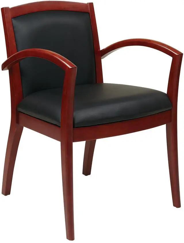 Main image of OSP Furniture Office Star NAP97CHY-EC3 Napa Full Cushion Black Leather Back and Seat Wood Guest Chair, Cherry