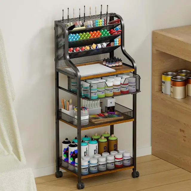 Main image of Large 7-Tier Rolling Utility Cart with Drawer, 40in Tall Metal Craft & Art Storage Organizer with Lockable Wheels, Storage for Art Studio, Drawing Room, Paints & Supplies