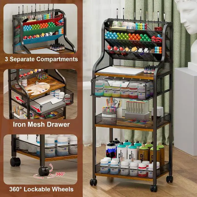 Alt view image 3 of 7 - Large 7-Tier Rolling Utility Cart with Drawer, 40in Tall Metal Craft & Art Storage Organizer with Lockable Wheels, Storage for Art Studio, Drawing Room, Paints & Supplies