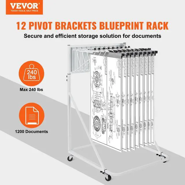 Alt view image 2 of 7 - Mobile Blueprint Storage Rack, Plan Holder with 12 Pivot Brackets, Mobile Blueprint Holder Adjustable Height & Length, Poster Display Rack for Office and Home (Rack Only Without Clamps)