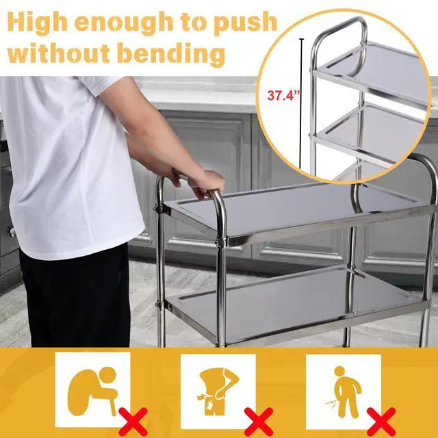 Alt view image 2 of 7 - 3 Shelf Stainless Steel Cart, 420 lbs, 1MM Thick, Serving With Wheels, Household Service Trolley, 360 Rotation Storage Shelf With Locking Wheels (29.5*15.8*37.4)'' Utility