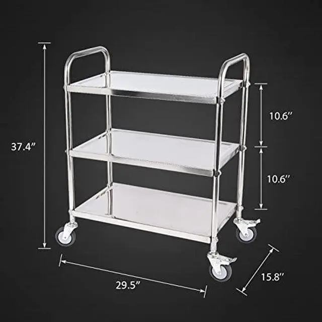 Alt view image 3 of 7 - 3 Shelf Stainless Steel Cart, 420 lbs, 1MM Thick, Serving With Wheels, Household Service Trolley, 360 Rotation Storage Shelf With Locking Wheels (29.5*15.8*37.4)'' Utility