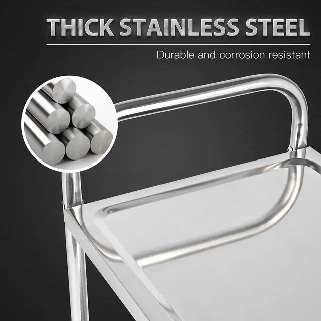 Alt view image 5 of 7 - 3 Shelf Stainless Steel Cart, 420 lbs, 1MM Thick, Serving With Wheels, Household Service Trolley, 360 Rotation Storage Shelf With Locking Wheels (29.5*15.8*37.4)'' Utility