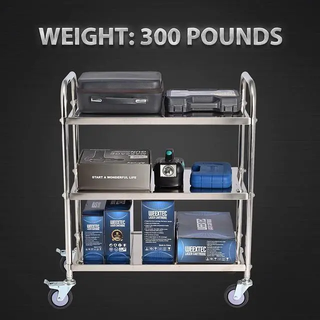 Alt view image 7 of 7 - 3 Shelf Stainless Steel Cart, 420 lbs, 1MM Thick, Serving With Wheels, Household Service Trolley, 360 Rotation Storage Shelf With Locking Wheels (29.5*15.8*37.4)'' Utility