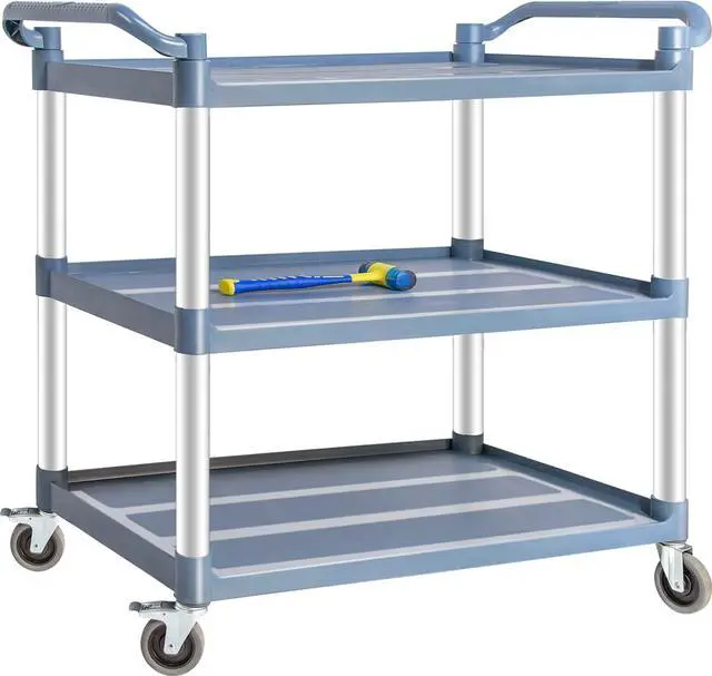 Main image of Plastic Utility Carts with Wheels, 3-Tier Large Size Restaurant Food Cart, Heavy Duty 600lbs Capacity Rolling Service Cart w/Hammer for Commercial, Kitchen, Office (Lockable Wheels, L-Grey)