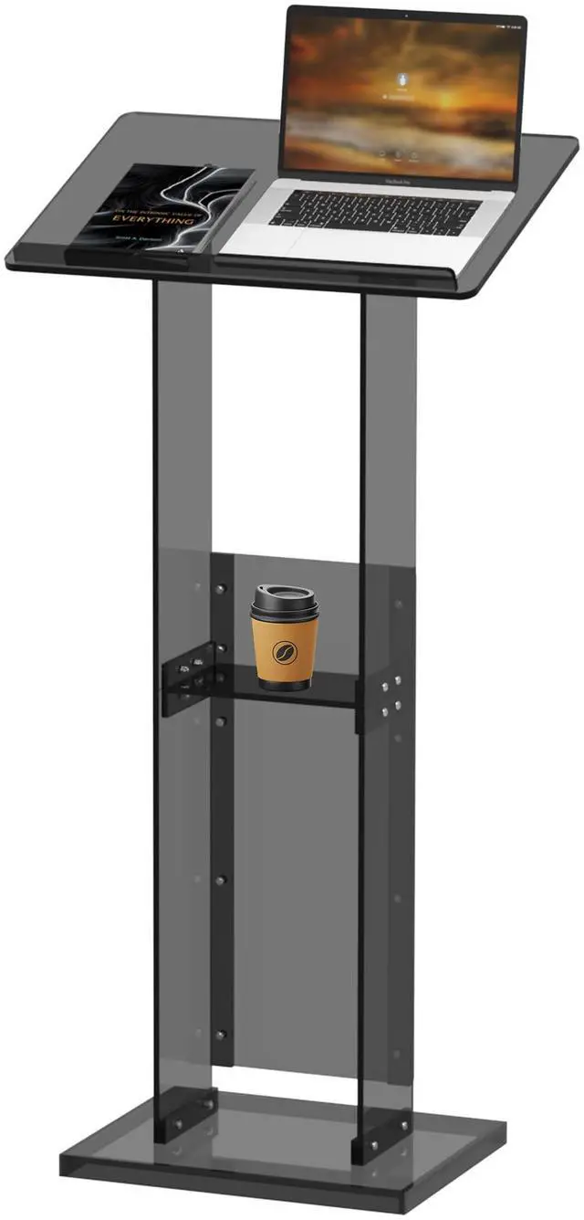 Main image of Acrylic Podium Stand with Storage Shelf, 45.5" Modern Black Lectern with Reading Platform for Classroom, Weddings, Conference, Concert, Professional Presentation Podiums