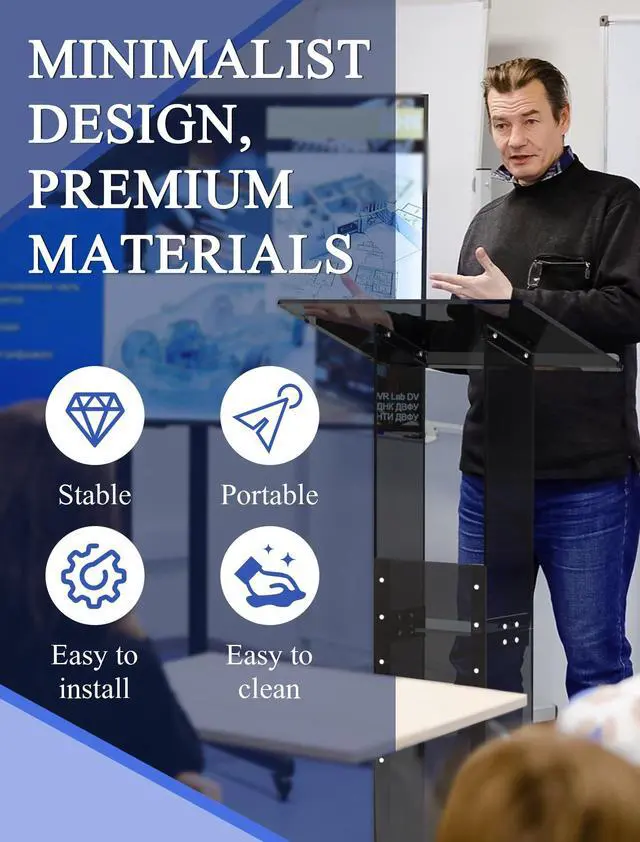 Alt view image 2 of 6 - Acrylic Podium Stand with Storage Shelf, 45.5" Modern Black Lectern with Reading Platform for Classroom, Weddings, Conference, Concert, Professional Presentation Podiums
