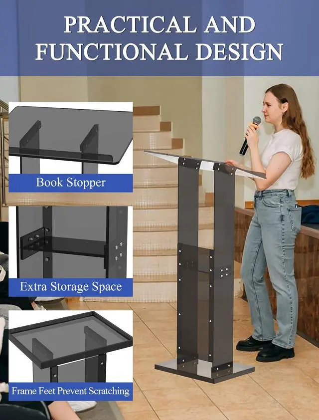 Alt view image 3 of 6 - Acrylic Podium Stand with Storage Shelf, 45.5" Modern Black Lectern with Reading Platform for Classroom, Weddings, Conference, Concert, Professional Presentation Podiums