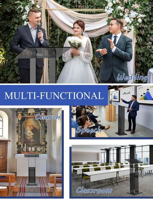 Alt view image 4 of 6 - Acrylic Podium Stand with Storage Shelf, 45.5" Modern Black Lectern with Reading Platform for Classroom, Weddings, Conference, Concert, Professional Presentation Podiums