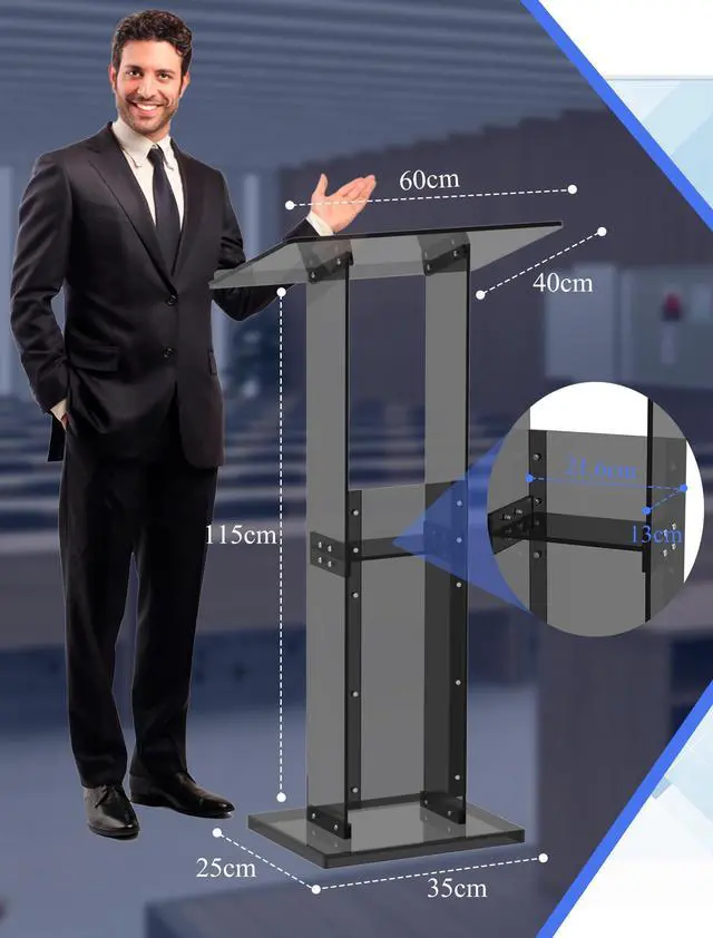 Alt view image 5 of 6 - Acrylic Podium Stand with Storage Shelf, 45.5" Modern Black Lectern with Reading Platform for Classroom, Weddings, Conference, Concert, Professional Presentation Podiums