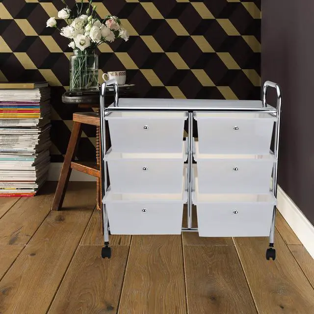 Alt view image 2 of 7 - Rolling Cart with Drawers, Utility Cart, Craft Storage, Kitchen, Metal, 24.25"L x 15.25"W x26.25"H, White, Silver