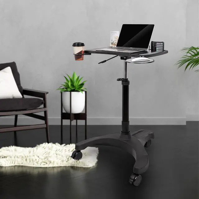 Alt view image 2 of 7 - Mobile Laptop Standing Desk Carts on Wheels with Stationery Storage, Pneumatic, Height Adjustable Rolling Stand, Sit to Stand Computer Cart, Workstation for Home, Office, Medical and School