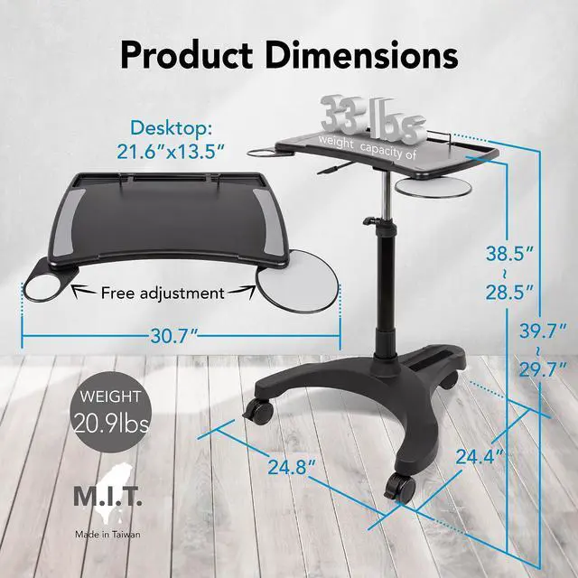 Alt view image 3 of 7 - Mobile Laptop Standing Desk Carts on Wheels with Stationery Storage, Pneumatic, Height Adjustable Rolling Stand, Sit to Stand Computer Cart, Workstation for Home, Office, Medical and School