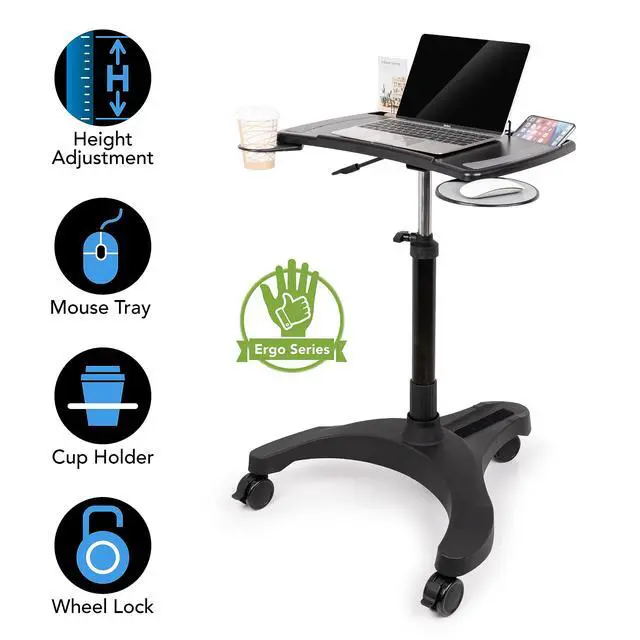 Alt view image 5 of 7 - Mobile Laptop Standing Desk Carts on Wheels with Stationery Storage, Pneumatic, Height Adjustable Rolling Stand, Sit to Stand Computer Cart, Workstation for Home, Office, Medical and School
