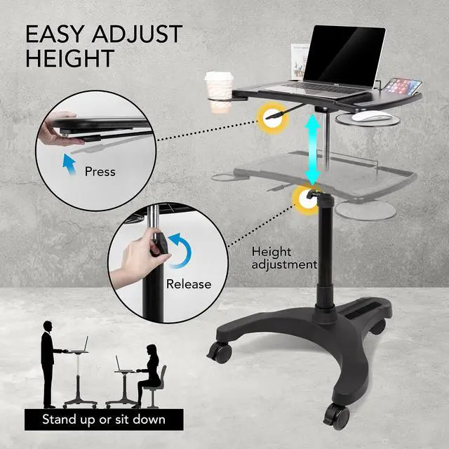 Alt view image 6 of 7 - Mobile Laptop Standing Desk Carts on Wheels with Stationery Storage, Pneumatic, Height Adjustable Rolling Stand, Sit to Stand Computer Cart, Workstation for Home, Office, Medical and School