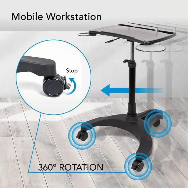 Alt view image 7 of 7 - Mobile Laptop Standing Desk Carts on Wheels with Stationery Storage, Pneumatic, Height Adjustable Rolling Stand, Sit to Stand Computer Cart, Workstation for Home, Office, Medical and School