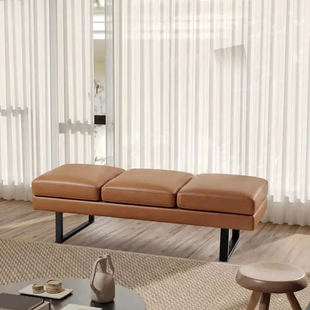 Alt view image 2 of 7 - 3 Seats Faux Leather Reception Bench, 60 Inches Office Guest Chair with Heavy-Duty Metal Legs, Upholstered Waiting Room Chairs for Office,Conference & Living Room, Brown, 1 PCS