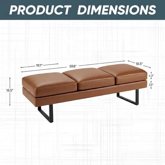 Alt view image 3 of 7 - 3 Seats Faux Leather Reception Bench, 60 Inches Office Guest Chair with Heavy-Duty Metal Legs, Upholstered Waiting Room Chairs for Office,Conference & Living Room, Brown, 1 PCS