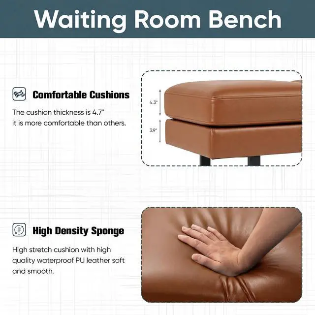 Alt view image 4 of 7 - 3 Seats Faux Leather Reception Bench, 60 Inches Office Guest Chair with Heavy-Duty Metal Legs, Upholstered Waiting Room Chairs for Office,Conference & Living Room, Brown, 1 PCS