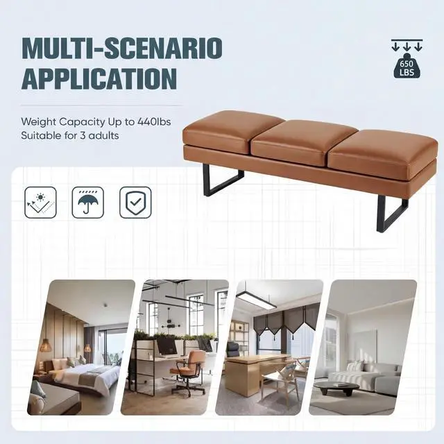 Alt view image 5 of 7 - 3 Seats Faux Leather Reception Bench, 60 Inches Office Guest Chair with Heavy-Duty Metal Legs, Upholstered Waiting Room Chairs for Office,Conference & Living Room, Brown, 1 PCS