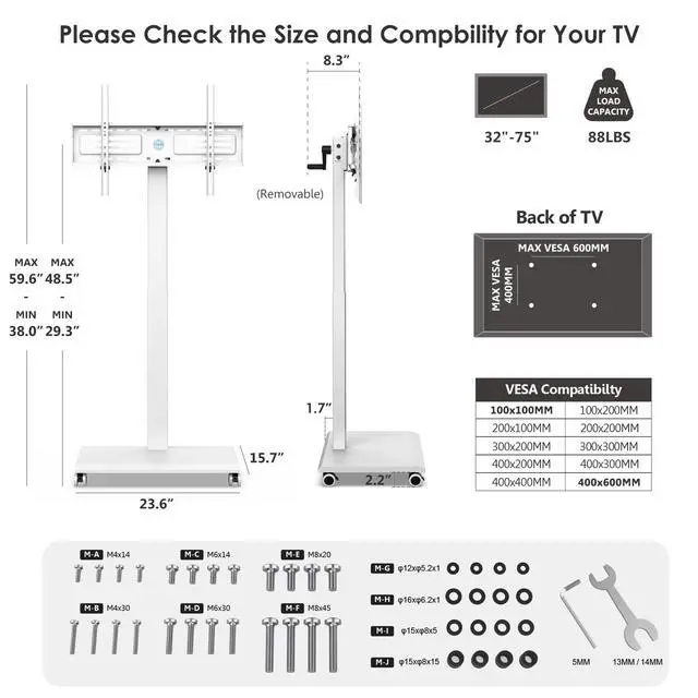 Alt view image 2 of 7 - Hand Crank Lift TV Stand with Wheels, Tilt & Swivel Rolling TV Stand for 32-75Inch TVs, Free Height Adjustable Mobile TV Cart Holds up to 88Lbs, Iron Base Max VESA 600x400mm, White