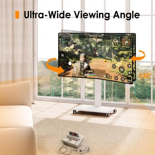 Alt view image 4 of 7 - Hand Crank Lift TV Stand with Wheels, Tilt & Swivel Rolling TV Stand for 32-75Inch TVs, Free Height Adjustable Mobile TV Cart Holds up to 88Lbs, Iron Base Max VESA 600x400mm, White