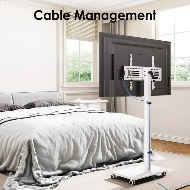 Alt view image 6 of 7 - Hand Crank Lift TV Stand with Wheels, Tilt & Swivel Rolling TV Stand for 32-75Inch TVs, Free Height Adjustable Mobile TV Cart Holds up to 88Lbs, Iron Base Max VESA 600x400mm, White