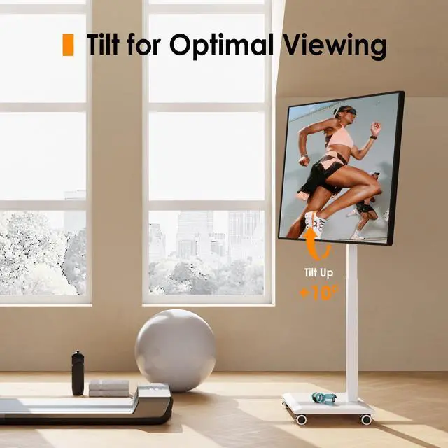 Alt view image 5 of 7 - Hand Crank Lift TV Stand with Wheels, Tilt & Swivel Rolling TV Stand for 32-75Inch TVs, Free Height Adjustable Mobile TV Cart Holds up to 88Lbs, Iron Base Max VESA 600x400mm, White