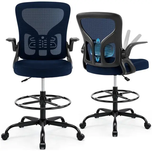 Main image of Drafting Chair for Standing Desk, Tall Office Chair with 22"-30" Seat Height &7" Lift Footrest Ring, Ergonomic Executive Mesh Computer Counter Stool with Lumbar Support &Flip-up Arms for Artist