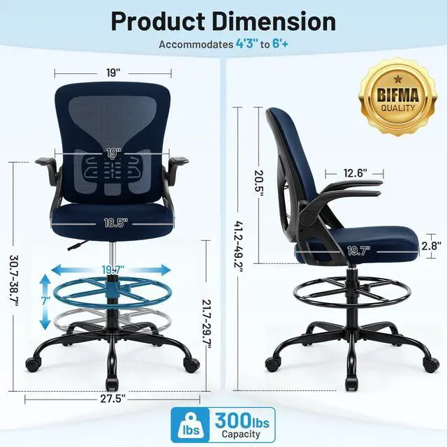Alt view image 2 of 7 - Drafting Chair for Standing Desk, Tall Office Chair with 22"-30" Seat Height &7" Lift Footrest Ring, Ergonomic Executive Mesh Computer Counter Stool with Lumbar Support &Flip-up Arms for Artist