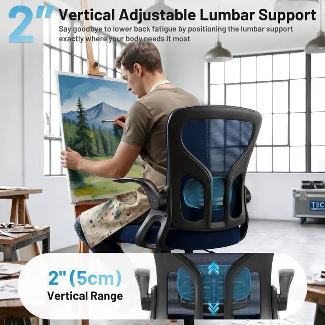 Alt view image 4 of 7 - Drafting Chair for Standing Desk, Tall Office Chair with 22"-30" Seat Height &7" Lift Footrest Ring, Ergonomic Executive Mesh Computer Counter Stool with Lumbar Support &Flip-up Arms for Artist